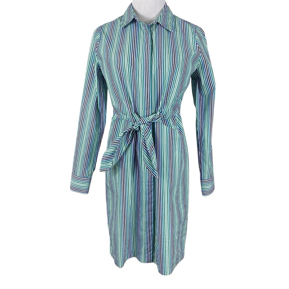 Calvin Klein Womens Shirt Dress Size 8 Blue Green Striped Long Sleeve Tie Front